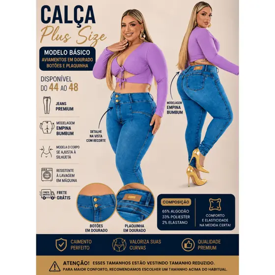 Calça Jeans Feminina Plus Size Chic Lady Cintura Alta  Empina BumBum Com Lycra