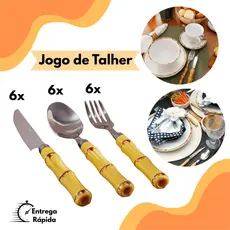 Jogo de Talheres 18 Peças Faca Garfo Colher Aço Inox de Cabo Plástico Bambu