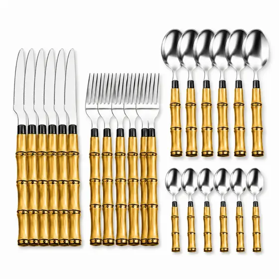 Faqueiro 24,12 ou 8 Peças Aço Inox Cabo Bambu Jogo de Talheres Luxo Cozinha Cabo imitando Madeira Bambu