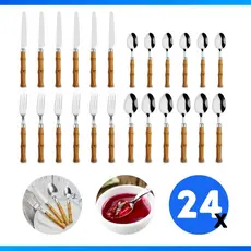 Faqueiro 24 Peças Aço Inox Cabo Bambu Jogo de Talheres Luxo Cozinha Cabo imitando Madeira Bambu
