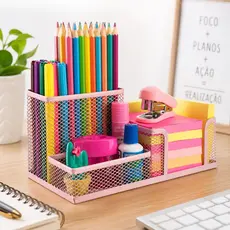Porta Caneta Organizador De Metal Organizador de Mesa Rosa Em Metal Aramado Para Escritório 3 Divisões