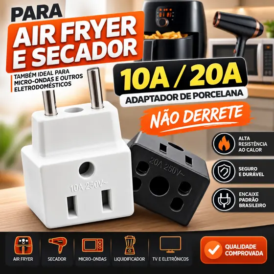 Adaptador Tomada Porcelana 10A 20A para Air Fryer Secador Microondas Bob Alta Resistência