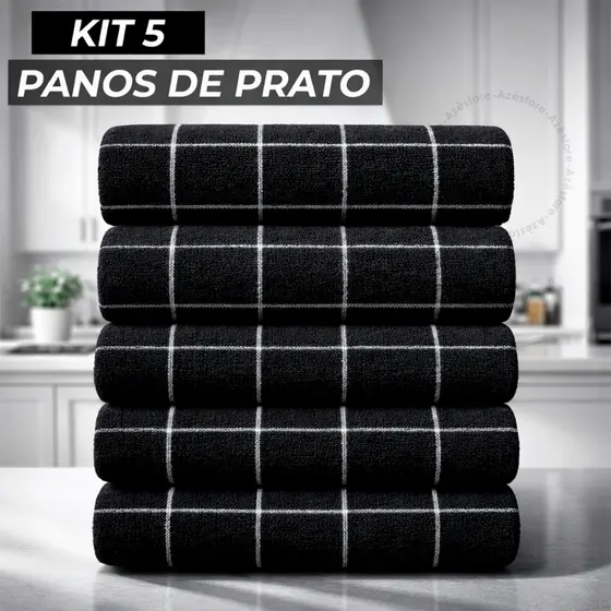 Kit 5 Panos de Prato Grosso Toalhado Listrado Preto 100% Algodão Cozinha