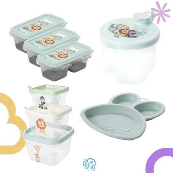 KIT 4 ITENS ALIMENTAÇÃO BEBE COM PORTA PAPINHA PRATINHO POTE DE LEITE EM PÓ E 3 POTINHOS