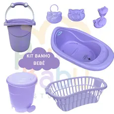 KIT BANHEIRA DE BEBE 7 ITENS  22 LITROS CESTO TELADO LIXEIRA BALDE OFURÔ PORTA ALGODÃO E SABONETEIRA