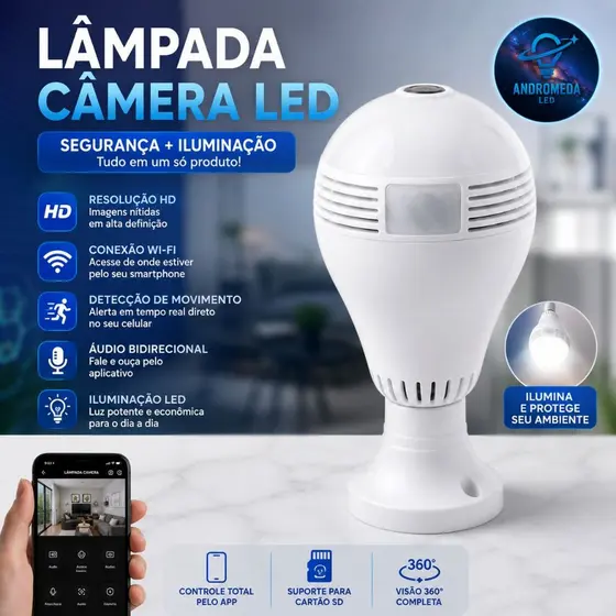 Câmera Lâmpada WiFi 360° Visão Panorâmica Acesso Remoto pelo Celular Full HD