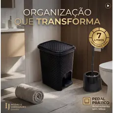 Combo Lixeira Rattan Preta 7 litros com  Escova Sanitária Reforçada Preto e Branco c/ Pedal Banheiro