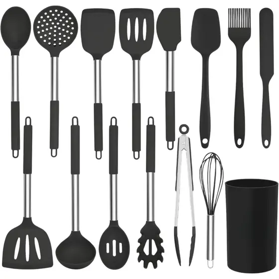 Kit Cozinha Peças Utensilio Espatula Pegador De Silicone Cabo De Aço Inox 15pcs Grande