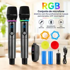 RGB Conjunto de microfone dinâmico sem fios profissional de 2 peças para karaoke, UHF recarregável