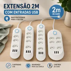 Cabo de extensão de energia de 2 m com 6 soquetes e 3 entradas USB, botão de tomada de energia - Venda