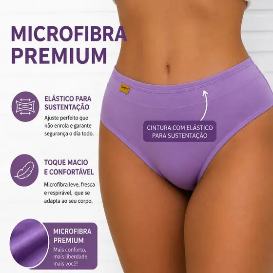 Kit 5 Calcinha Cós Alto Feminina Microfibra Premium Confortável Dia a Dia