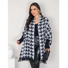 Capa Poncho Casual Tricot Pied Poule Feminino Franjas Manga Longa Outono Inverno