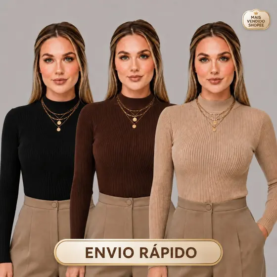 Kit 3 Blusas Cacharrel Femininas Gola Alta Manga Longa Canelada Inverno Segunda Pele Premium