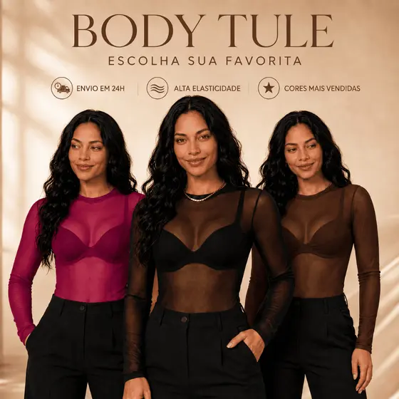 Conjunto com 1 ou 2 Body Tule Feminino Manga Longa Transparente Versátil e Elegante Tendência Moda Blogueira Inverno
