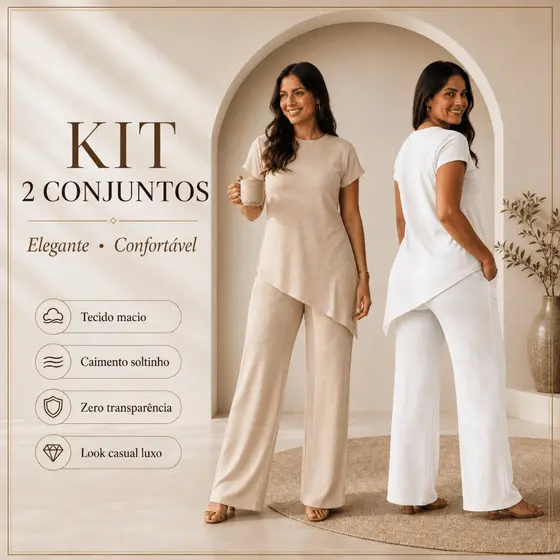 Kit 2 Conjunto Feminino Canelado Pantalona Elegante Assimetrico Confortavel