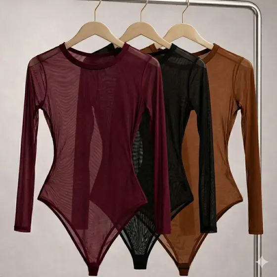 Kit com 2 peças Body Tule Feminino Manga Longa Gola Alta Renda Blogueiras Preto Marrom Branco