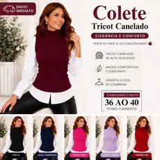 Colete Feminino Tricot Canelado Sem Manga Elegante Outono Inverno