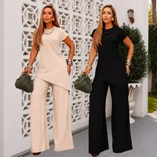 Conjunto Feminino Blusa Assimétrica Alongada Ana Ruga Gola Cacharrel Redonda Calça Pantalona Longa Elegante Confortável