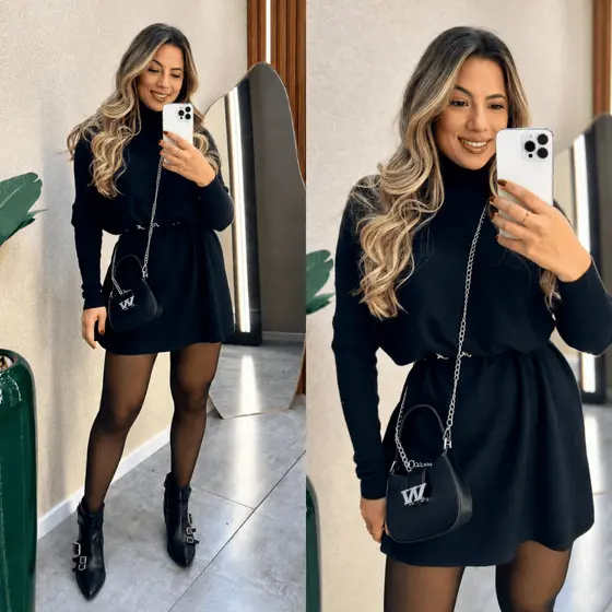 Vestido Poncho vestido Midi feminino Tecido Lanzinha gola alta com manga longa Inverno