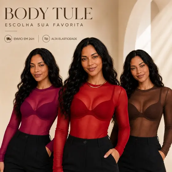 Kit com 1 ou 2 Body de Tule Bori Manga Longa Influencer Moda Elegante Feminina Gola Redonda Tendência Blogueira