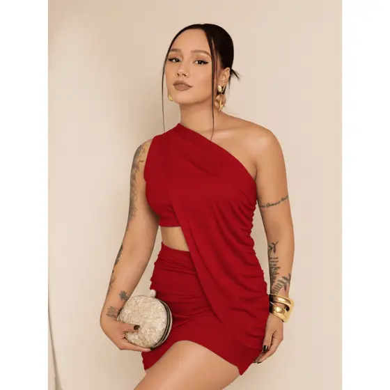 Conjunto Vestido Feminino Suplex Premium Um Ombro Nula Manca Moda Blogueirinha Verão Tendência 2025