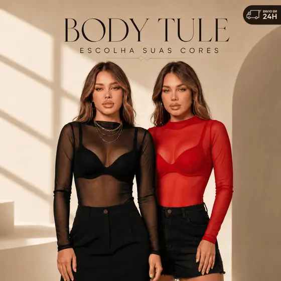 Kit com 2 peças Body de Tule Manga Longa Influencer Moda Feminino Inverno Transparente com Elasticidade