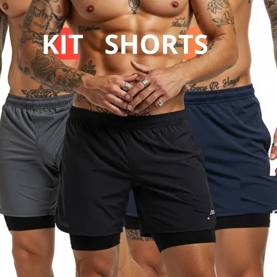 Kit 3 Shorts Bermuda 2 em 1 Masculino de Compressão para Academia e Treino