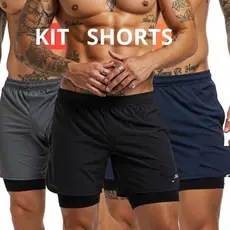 Kit 3 Shorts Bermuda 2 em 1 Masculino de Compressão para Academia e Treino