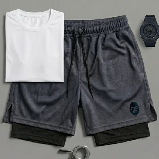 Shorts 2 em 1 Fitness Kong Masculino - Forro Duplo, Bolso Celular e Dry Fit