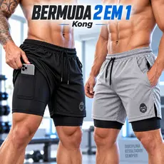 Bermuda Academia Masculina 2 em 1 Dry Fit Kong com Bolso Celular Shorts Fitness Corrida Treino