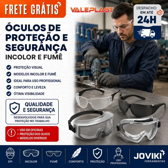 Oculos de Proteção e Segurança Incolor e Fume Modelos Valeplast