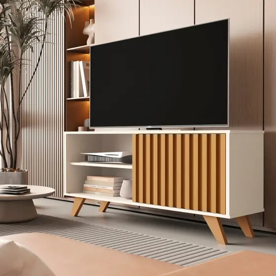 Rack Ripado Para TV Até 50 Polegadas 116cm Com Porta de Correr Sala Apartamento Moderno - Heloisa