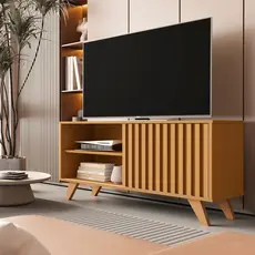 LANÇAMENTO Rack Ripado Heloisa Para Sala Com Porta de Correr e Prateleiras para Tv até 50 Polegadas Moderno