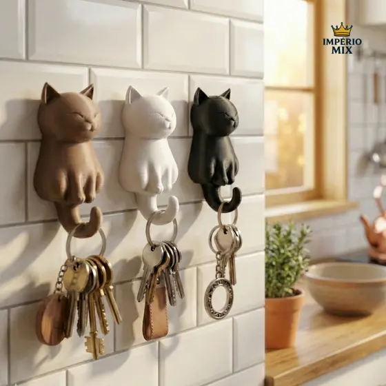Kit 3 Ganchos Decorativos Gato – Porta-Chaves Fofo para Acessórios