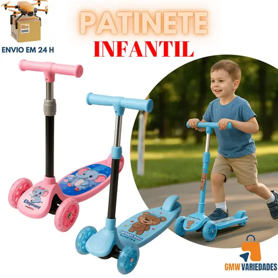 Patinete Infantil Rosa Ou Azul Com 3 Rodas E Led – Tema Variado, Leve E Seguro