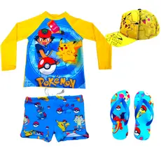 Kit Praia Blusa UV com proteção UV sunga chinelo e boné pokemon