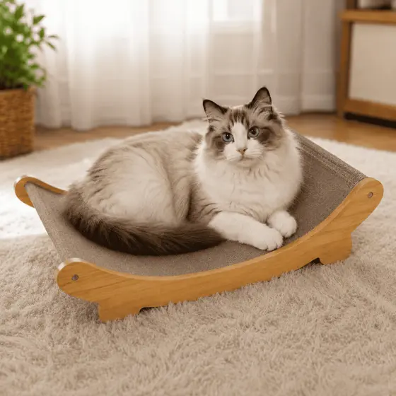 Cama e Arranhador Curvo para Gatos em Madeira de Pinus com Sisal Reforçado, Resistente e Durável