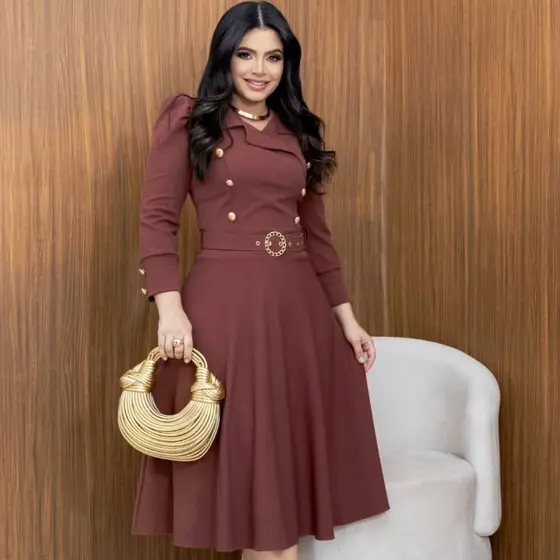 Vestido Midi Feminino Angela Casual Botões Cinto Elegante Trabalho 2026