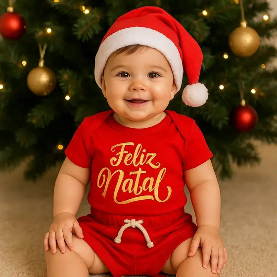 Conjunto de Bebê Infantil Menina Natal Body Short Saia e Gorrinho 100% Algodão