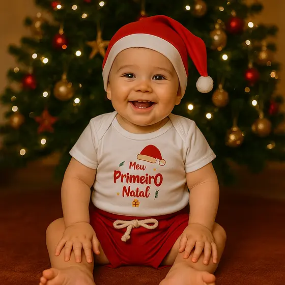 Conjunto de Bebê Natal Menino Body + Bermuda + Gorrinho Natalino 100% Algodão.