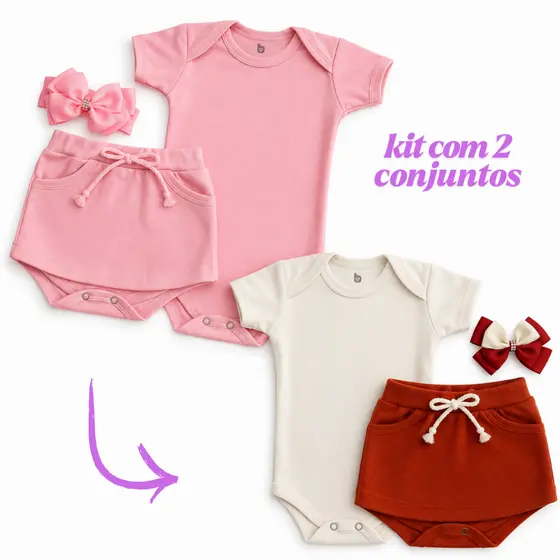 Kit Com 2 Conjuntos de Bebê Menina Verão Body + Saia + Laço 100% Algodão.