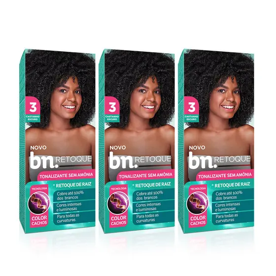 Kit Tonalizante Castanho Escuro 3.0 Sem Amônia 90g bn.Cachos Retoque Raiz (3 Unidades)