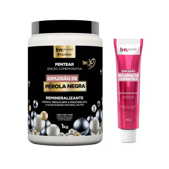 Kit Creme de Pentear Pérola Negra 1Kg + Recarga Explosão de Queratina 80g bn.Cachos