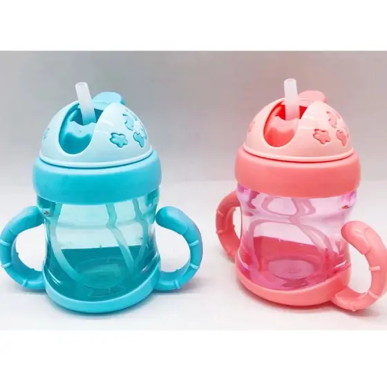 Copo de água potável 200ML com tampa e canudo + alça de plástico para crianças, bebê