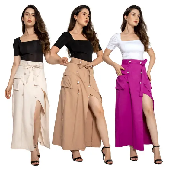 HBD Saia Longa Midi Social Elegante Tendencia Em Alfaiataria Com 2 Bolsos e 8 Botões Alça de cintura HM-SAI-008