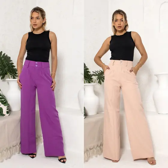 HBD 012# Calça Feminina Pantalona Cinto Alto Tecido Em Alfaiataria HM-CL-012