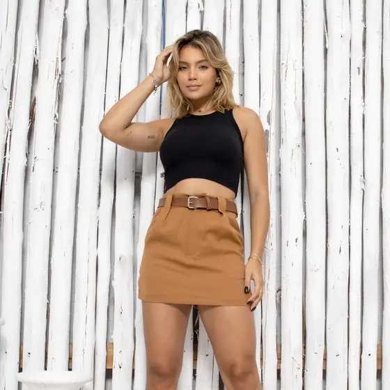 Short Saia Feminino Com Bolso Ziper e Cinto Alfaiataria HM-SH-012