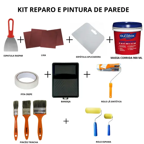 Kit Reparo e Pintura de Parede Diversos Itens Bandeja Rolo Pincel Espátula Lixa Massa Corrida Fita Crepe