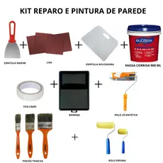Kit Reparo e Pintura de Parede Diversos Itens Bandeja Rolo Pincel Espátula Lixa Massa Corrida Fita Crepe