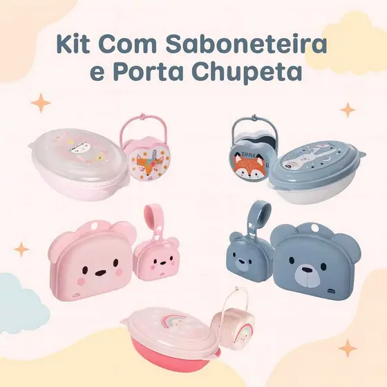 kit 2 Peças Protetor De Chupeta + Saboneteira Infantil Bebê Plasutil Higiene Do Bebê